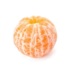 Photo of Peeled fresh ripe tangerine on white background