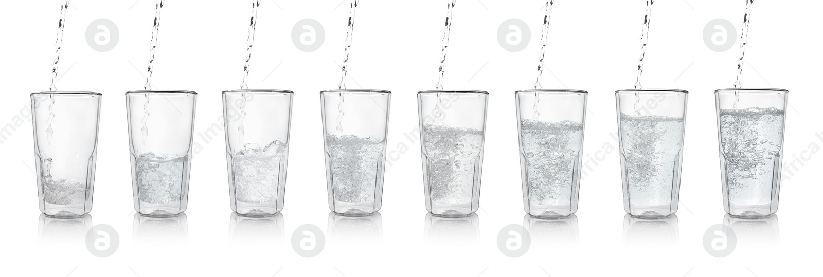 Image of Pouring soda water into glasses on white background, collage. Banner design