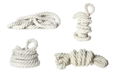 Image of Set with bundles of cotton ropes on white background