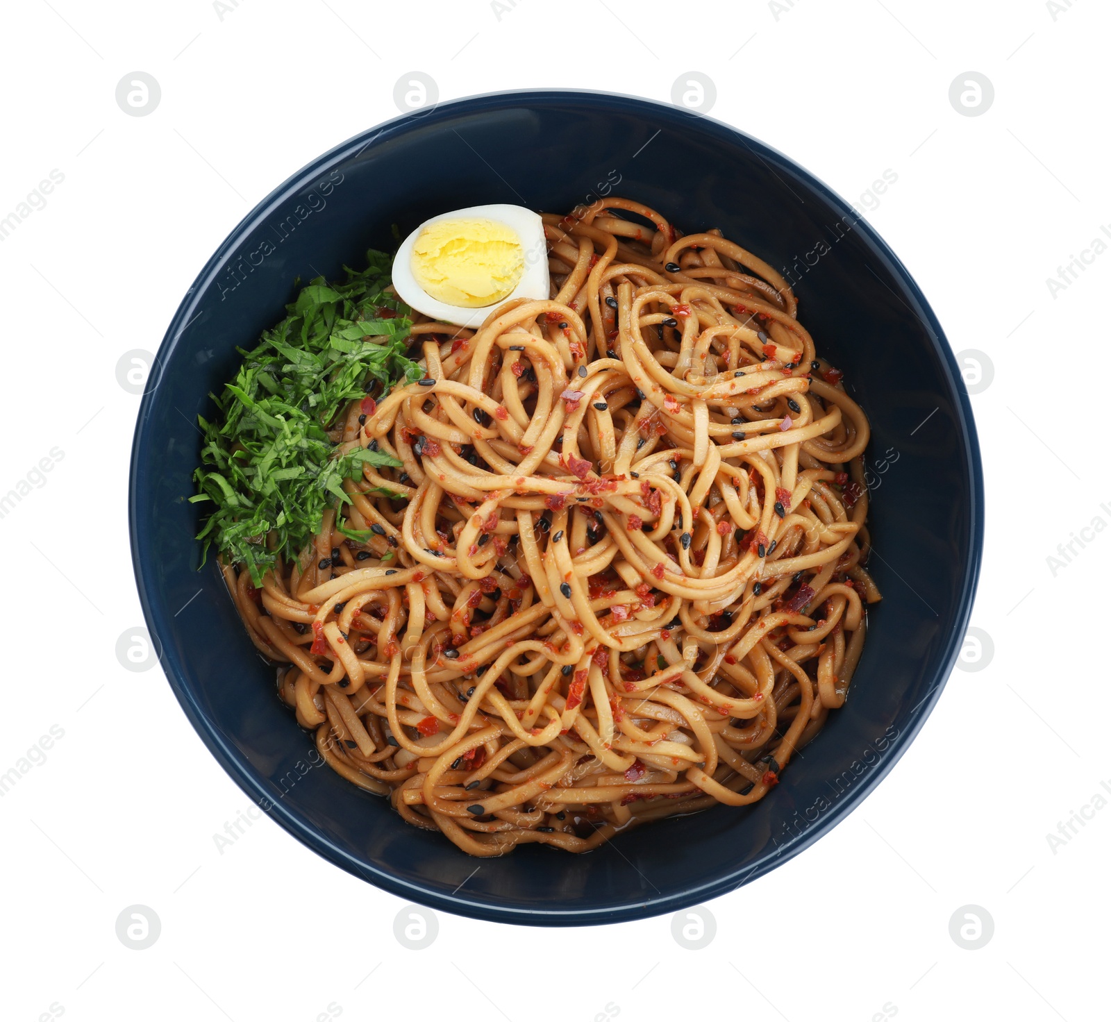 Photo of Bowl of noodles with spices and egg isolated on white, top view