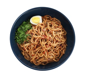 Photo of Bowl of noodles with spices and egg isolated on white, top view