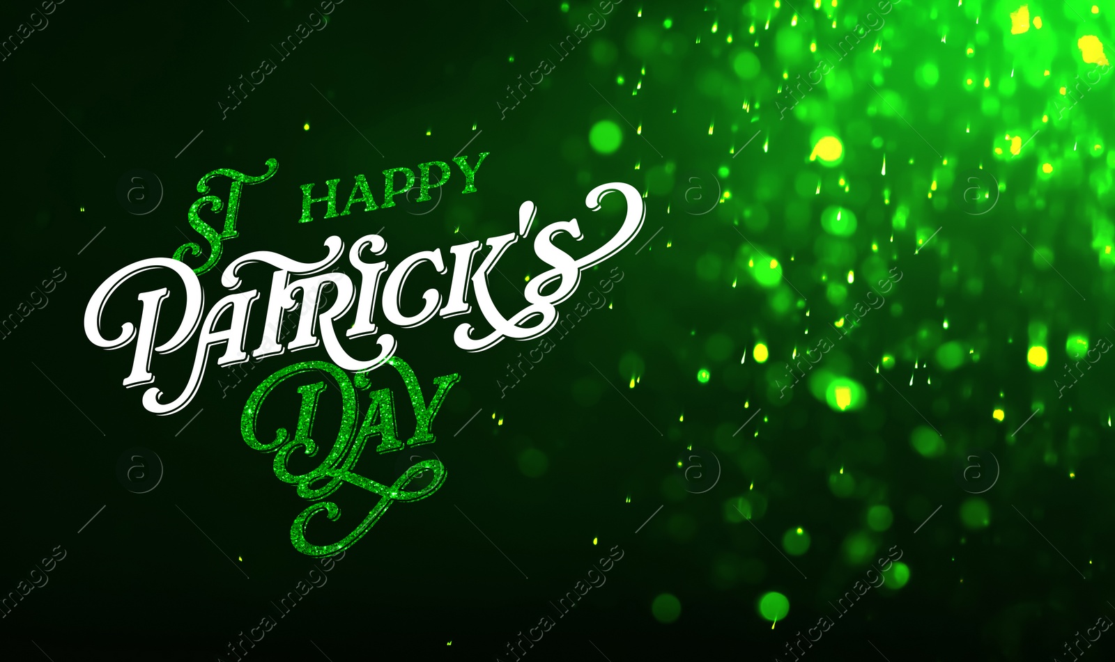 Image of Happy St. Patrick's day card. Text and glitter on black background with bokeh effect. Banner design