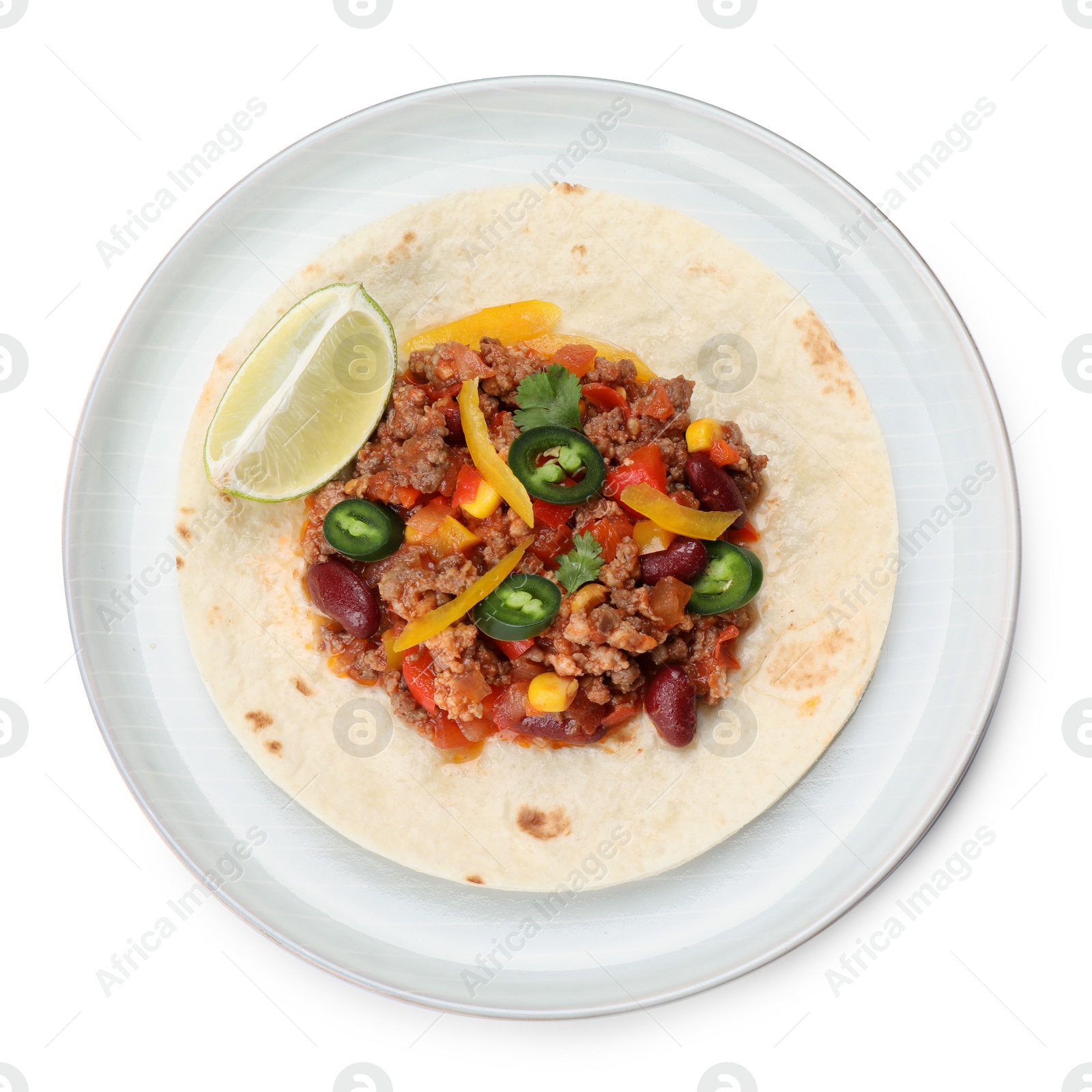 Photo of Tasty chili con carne with tortilla on white background, top view