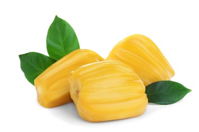 Photo of Delicious exotic jackfruit bulbs on white background