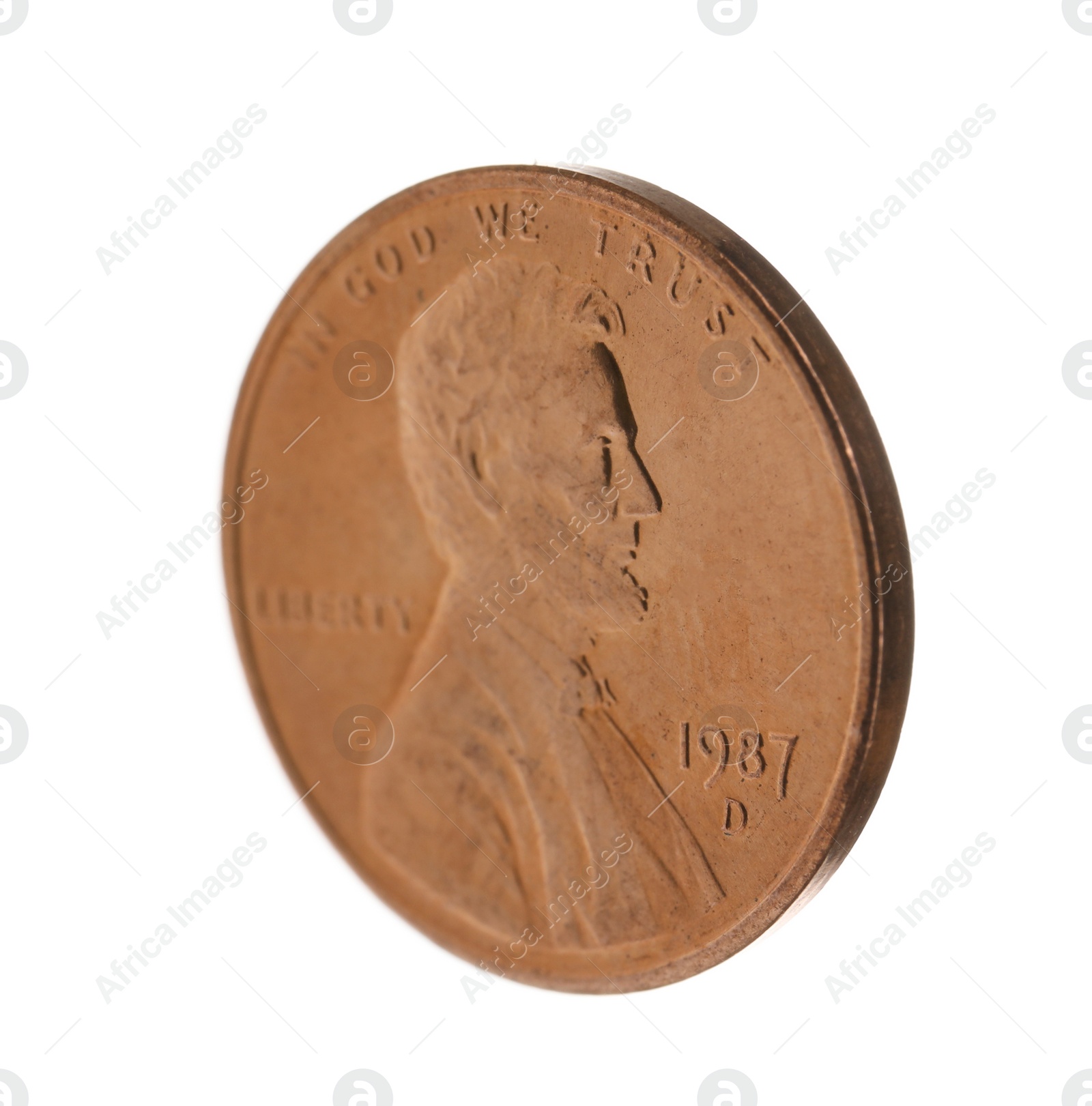 Photo of United States one cent coin on white background