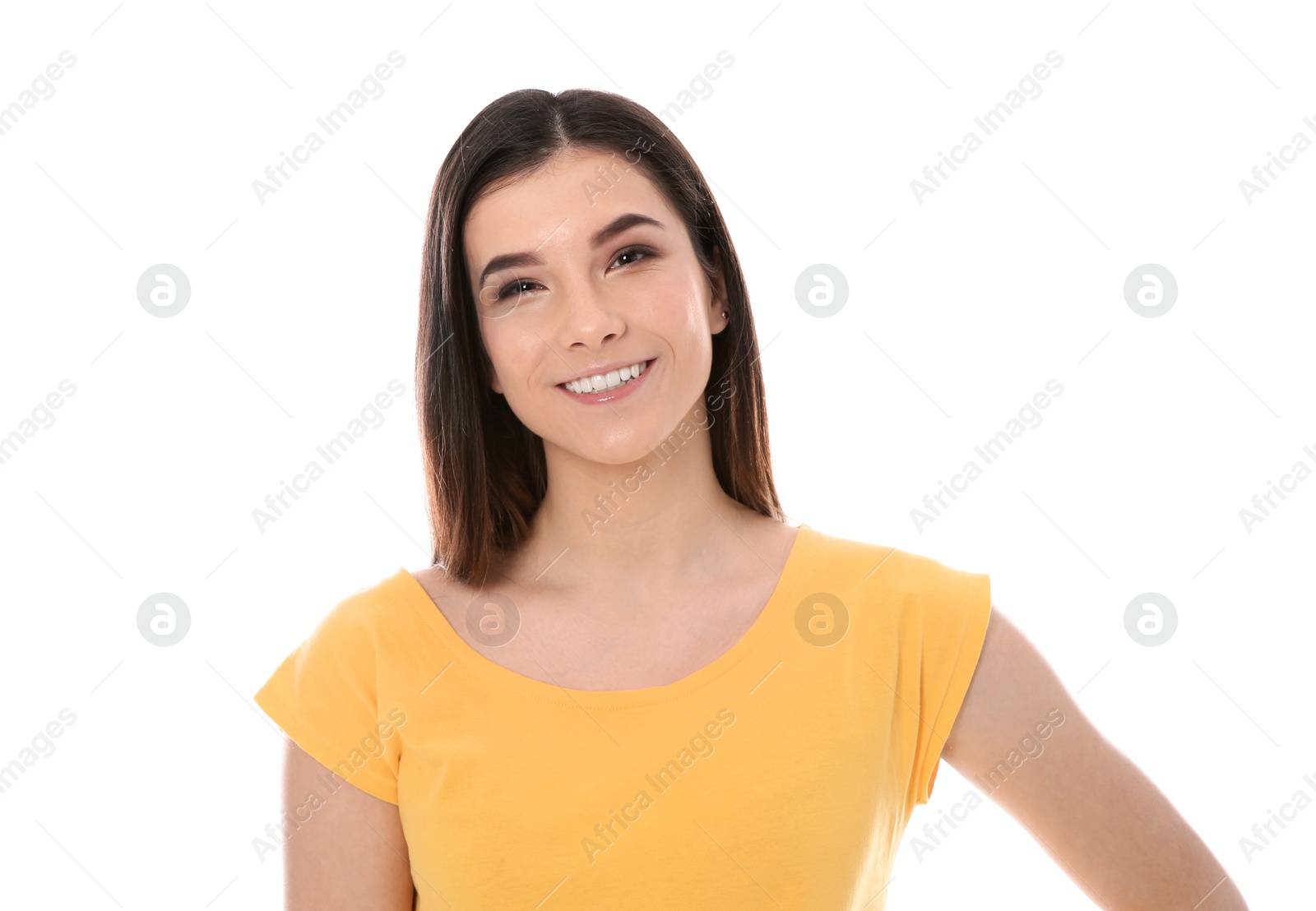 Photo of Beautiful young woman in stylish clothes on white background