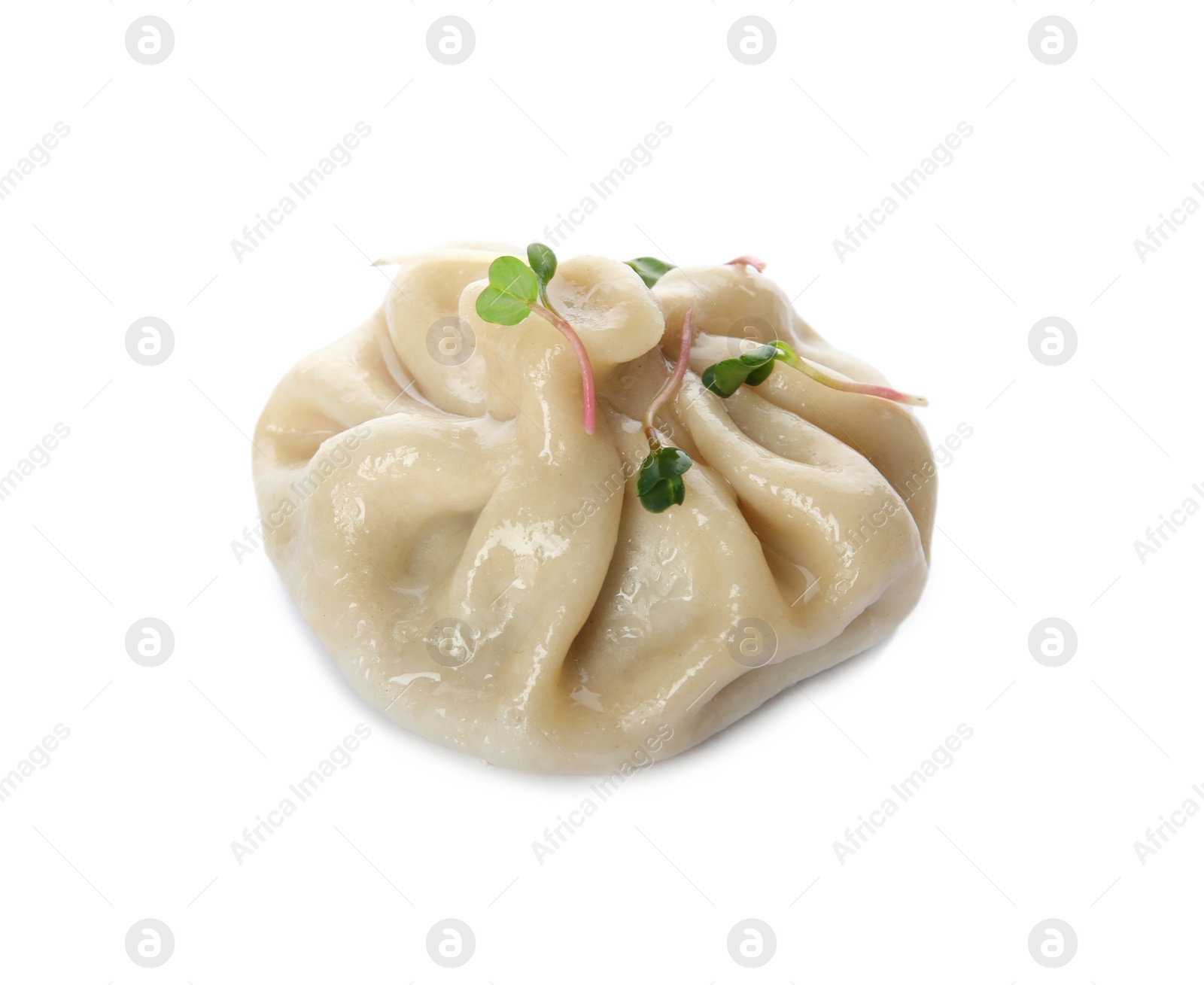 Photo of Tasty baozi dumpling with sprouts on white background