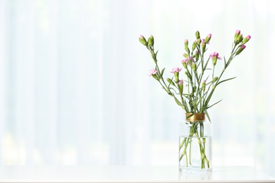 Photo of Vase with beautiful carnation flowers on table near window indoors, space for text. Stylish element of interior design