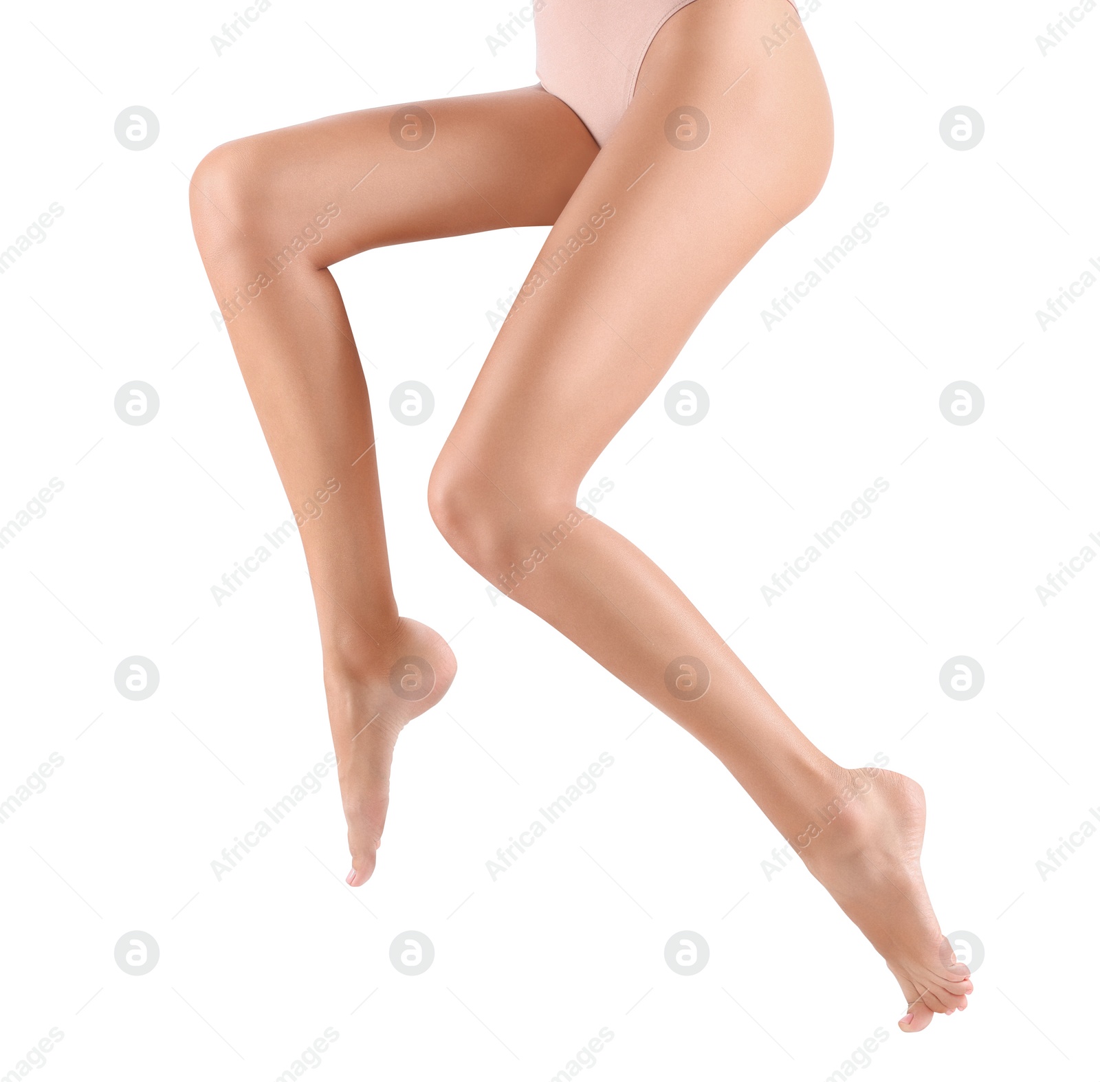 Photo of Woman with beautiful long legs on white background, closeup