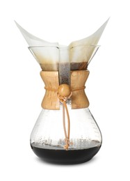 Glass chemex coffeemaker with paper filter and coffee isolated on white