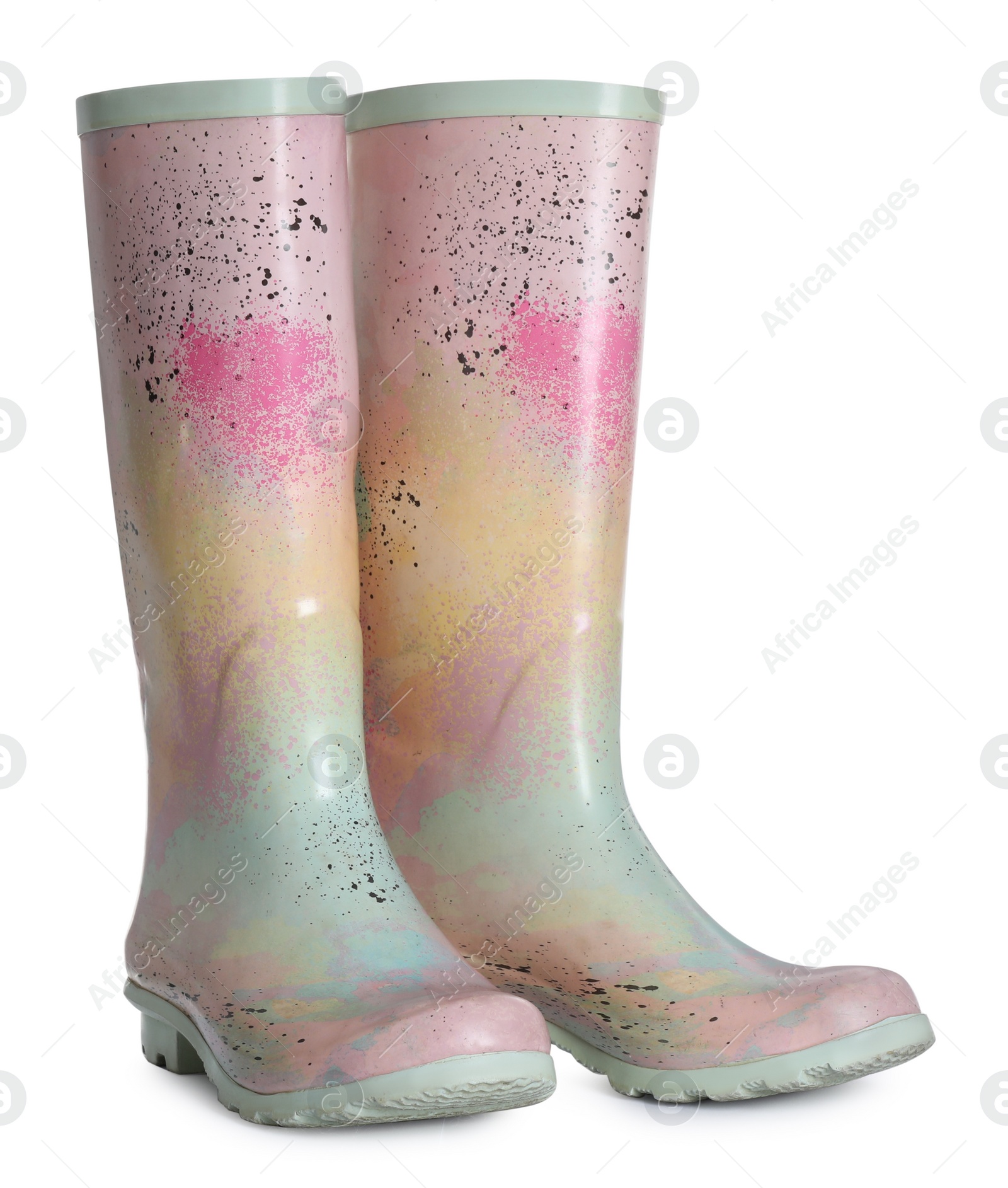 Photo of Modern colorful rubber boots isolated on white