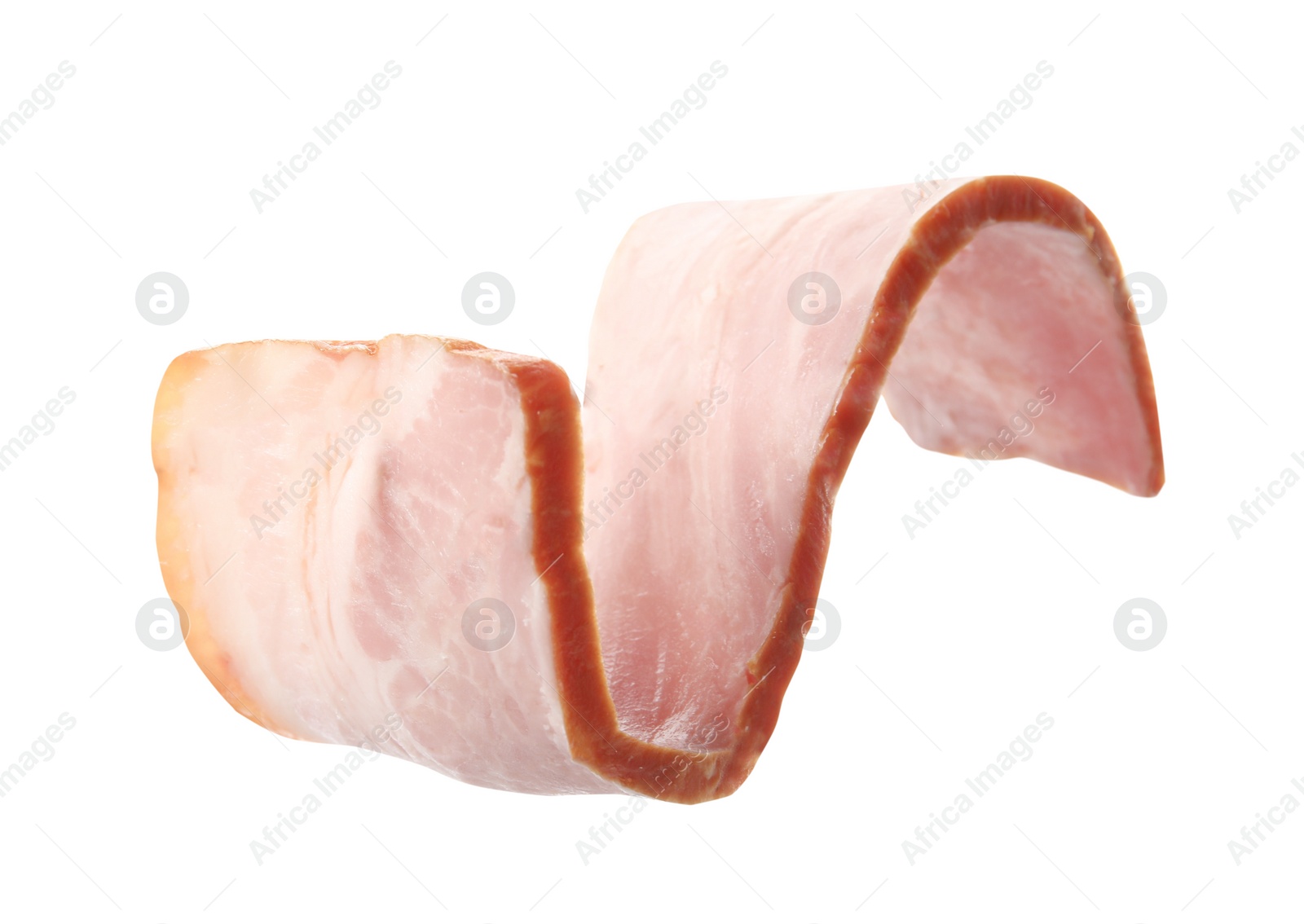 Photo of Slice of delicious smoked bacon isolated on white