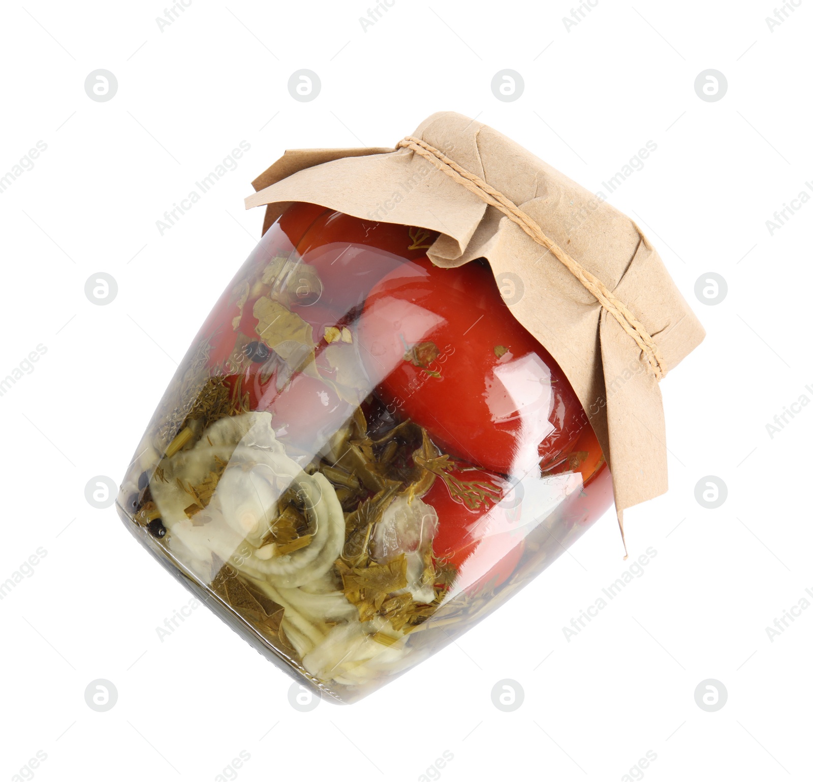 Photo of Pickled tomatoes in glass jar on white background, top view