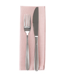 Photo of Fork, knife and linen napkin on white background, top view