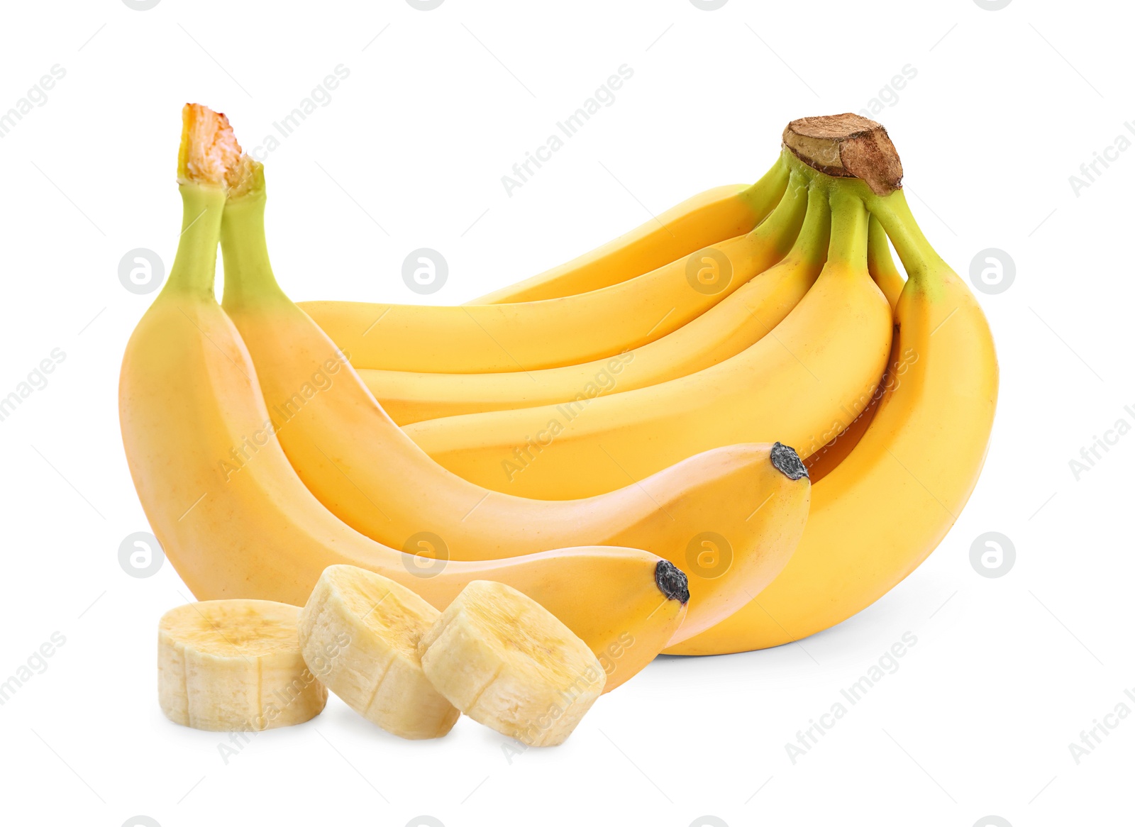 Image of Delicious ripe bananas and pieces on white background