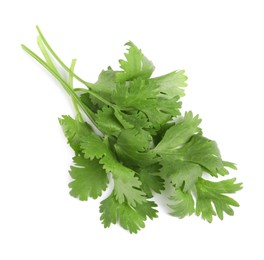 Photo of Fresh green coriander leaves on white background, top view