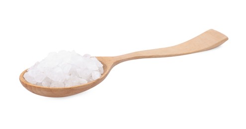 Photo of Wooden spoon with natural sea salt isolated on white