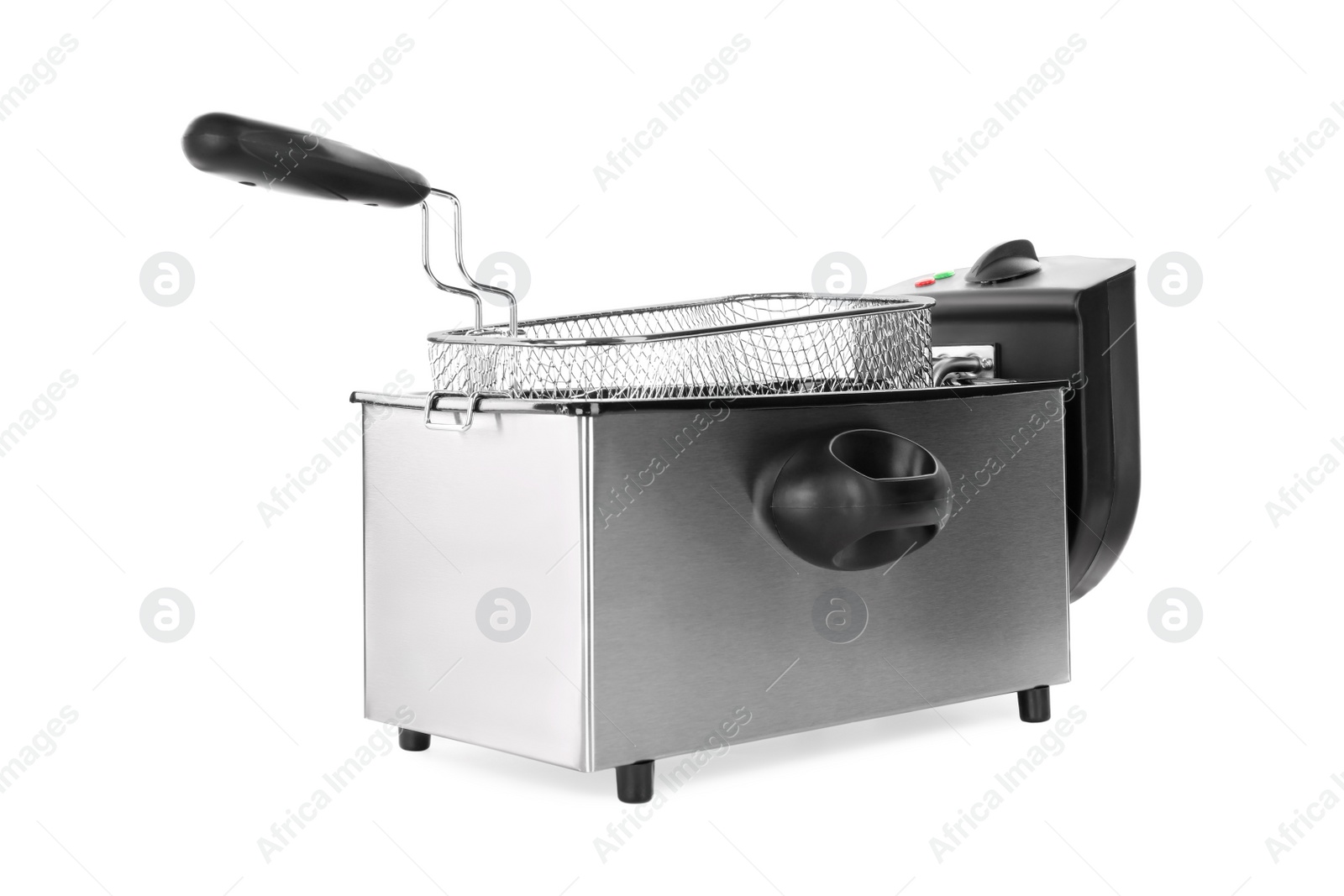 Photo of Modern deep fryer and baskets isolated on white. Kitchen device