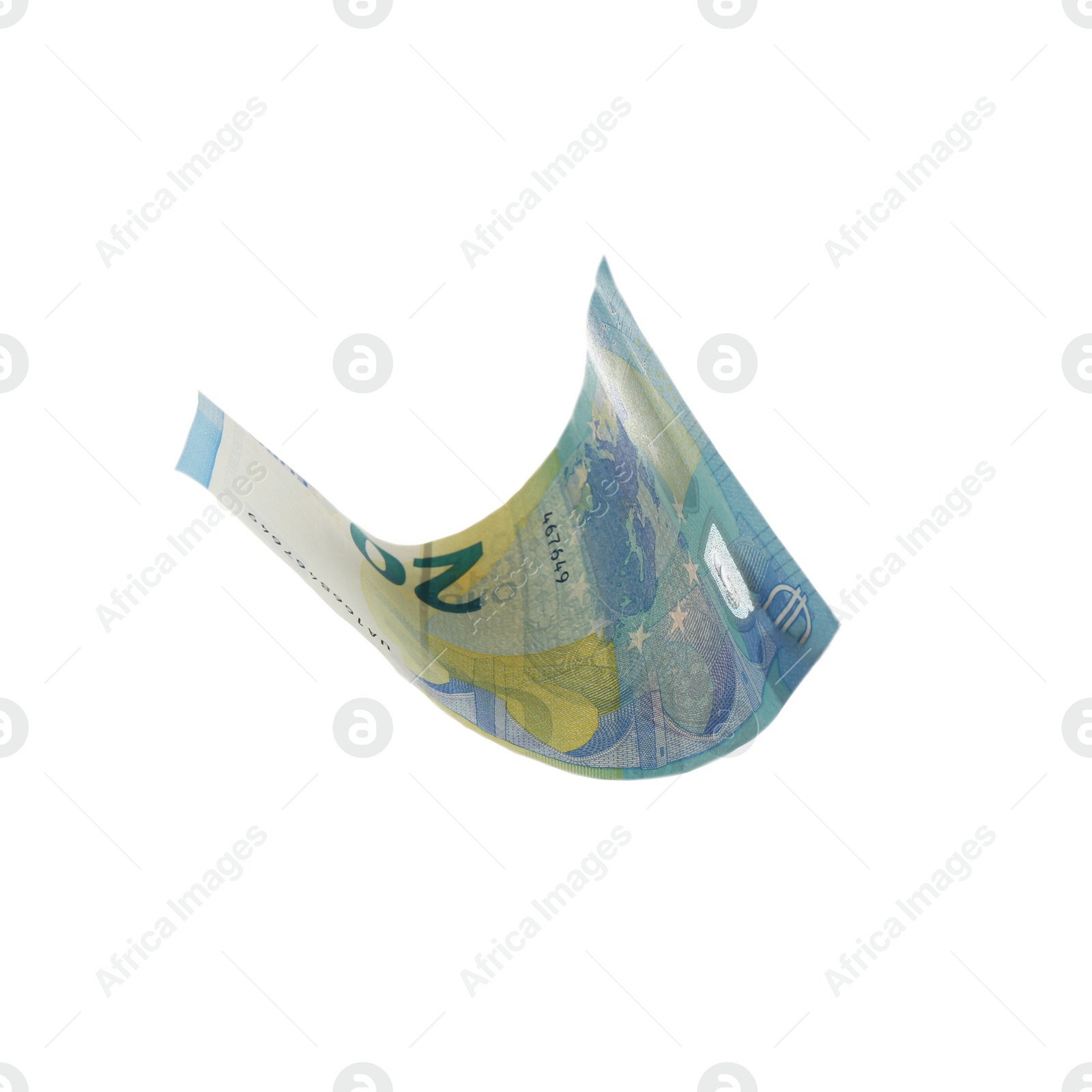 Photo of Euro banknote isolated on white. Flying money