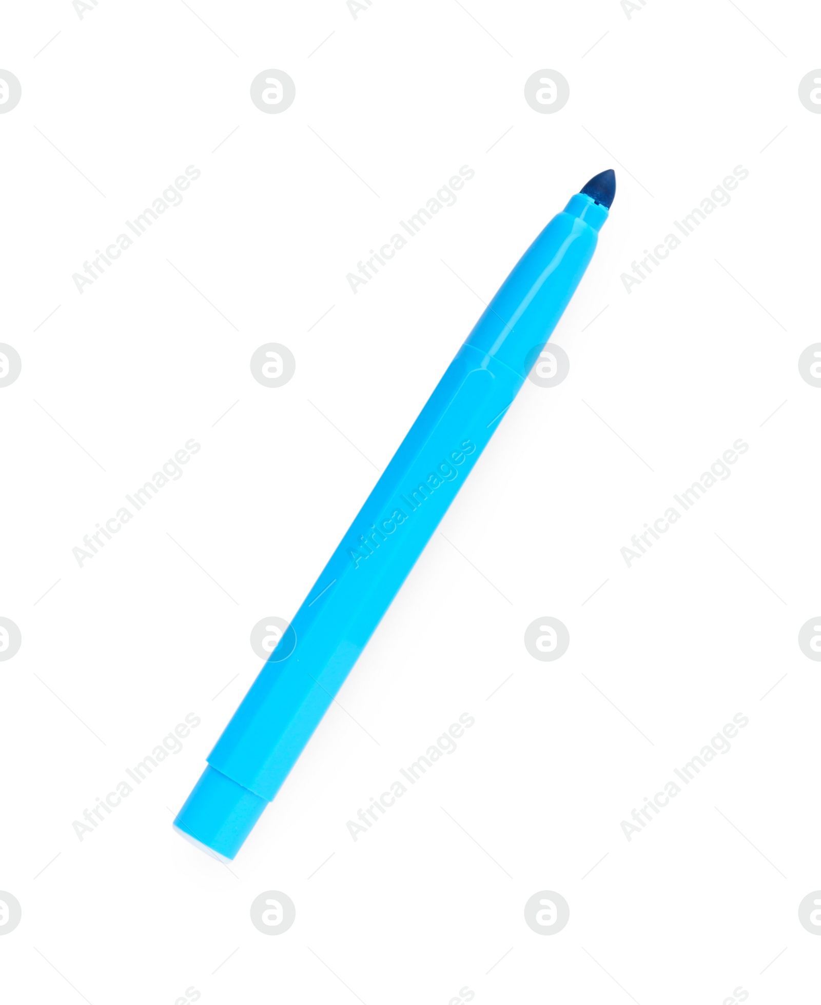 Photo of Bright light blue marker isolated on white, top view