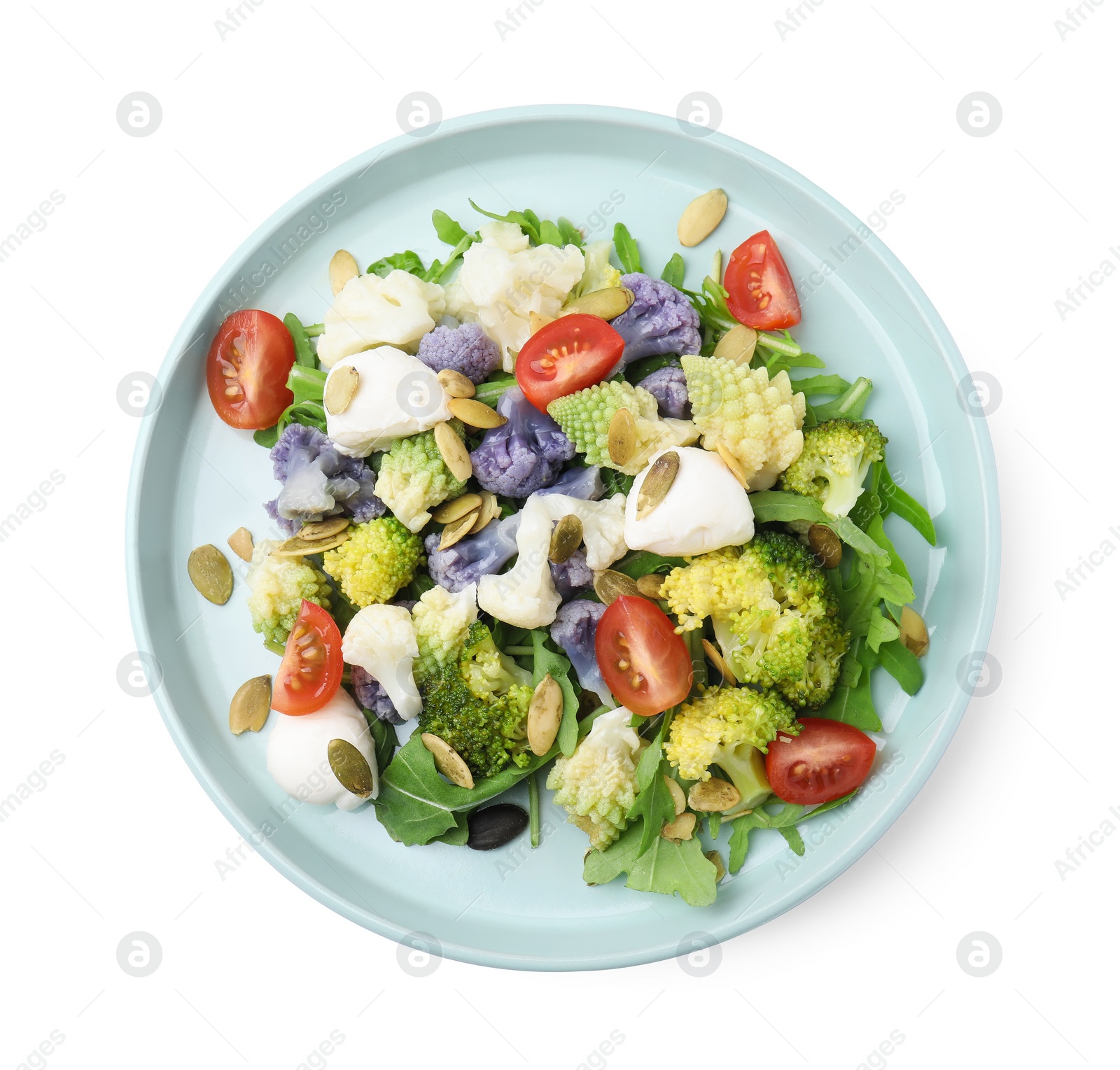 Photo of Delicious salad with cauliflower, tomato and cheese isolated on white, top view