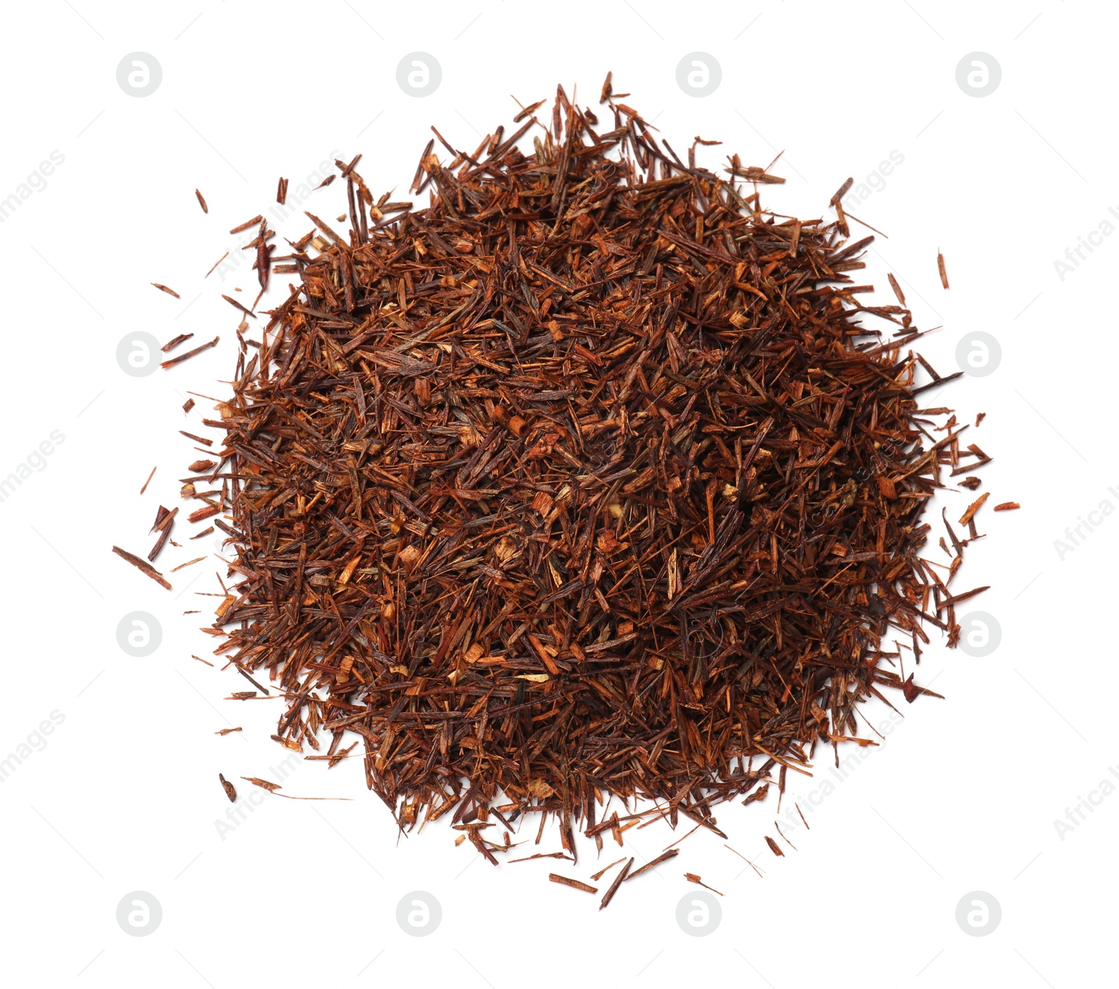 Photo of Heap of rooibos tea isolated on white, top view