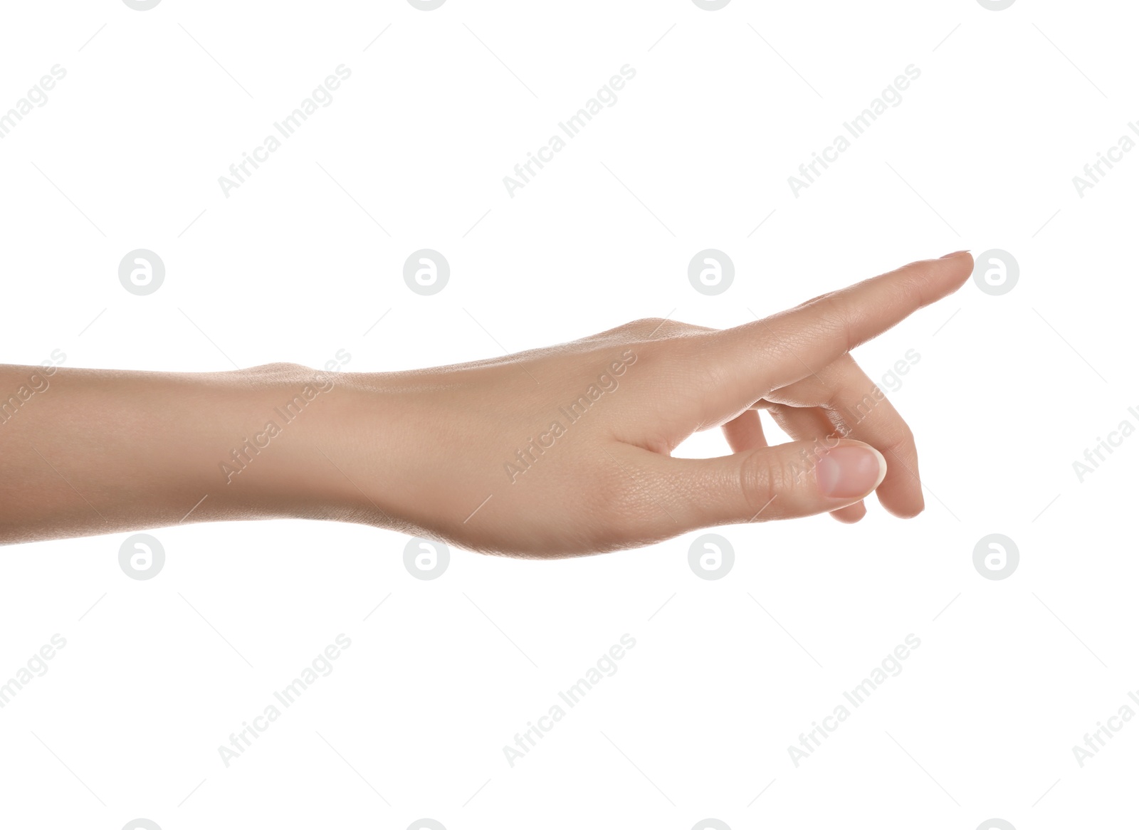 Photo of Woman pointing at something on white background, closeup