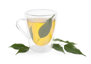 Photo of Fresh green tea in glass mug and leaves isolated on white