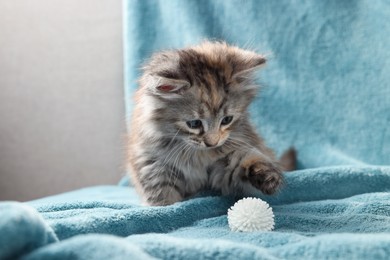 Photo of Cute kitten playing with ball on light blue blanket