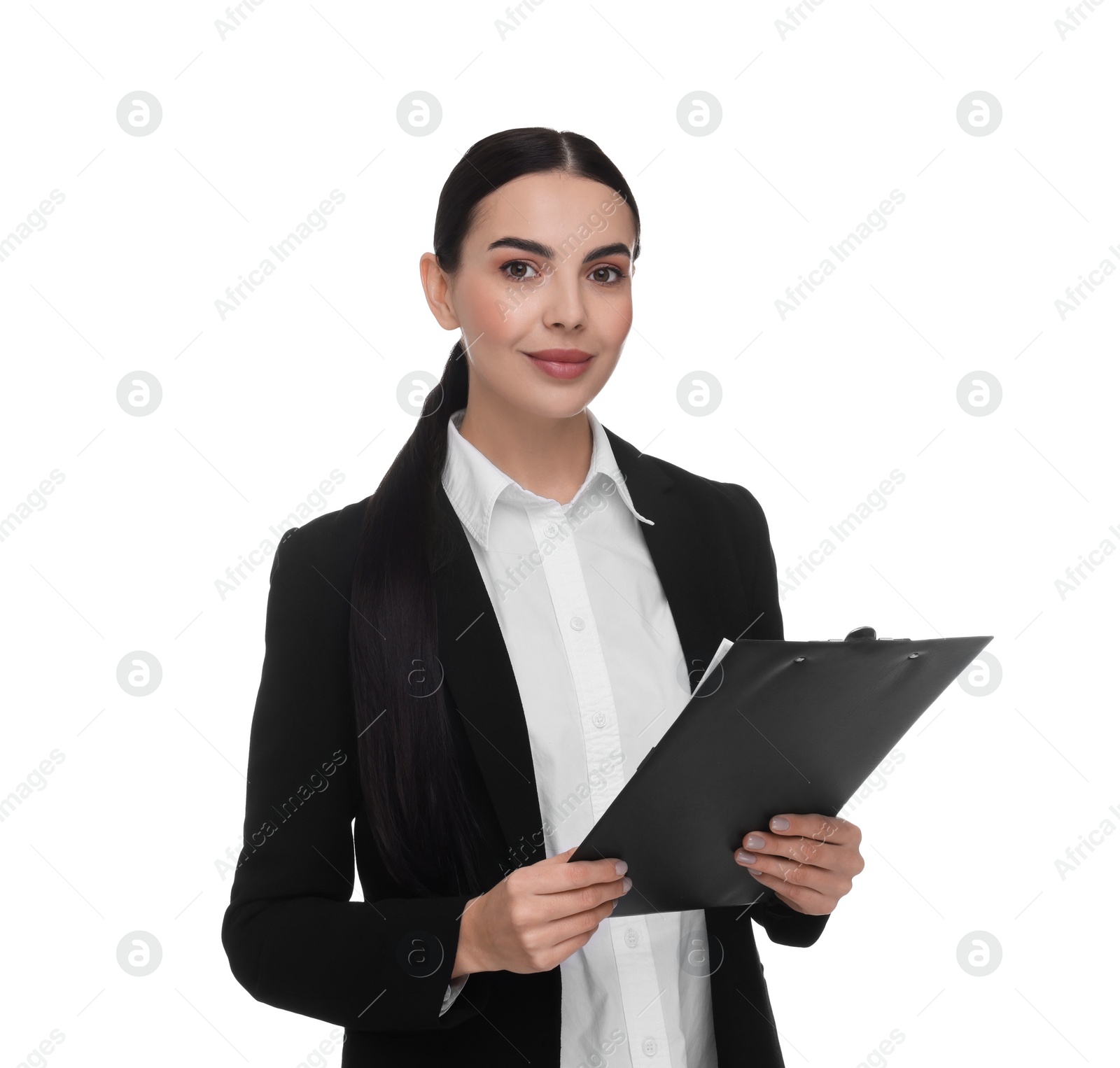 Photo of Portrait of beautiful woman with clipboard on white background. Lawyer, businesswoman, accountant or manager