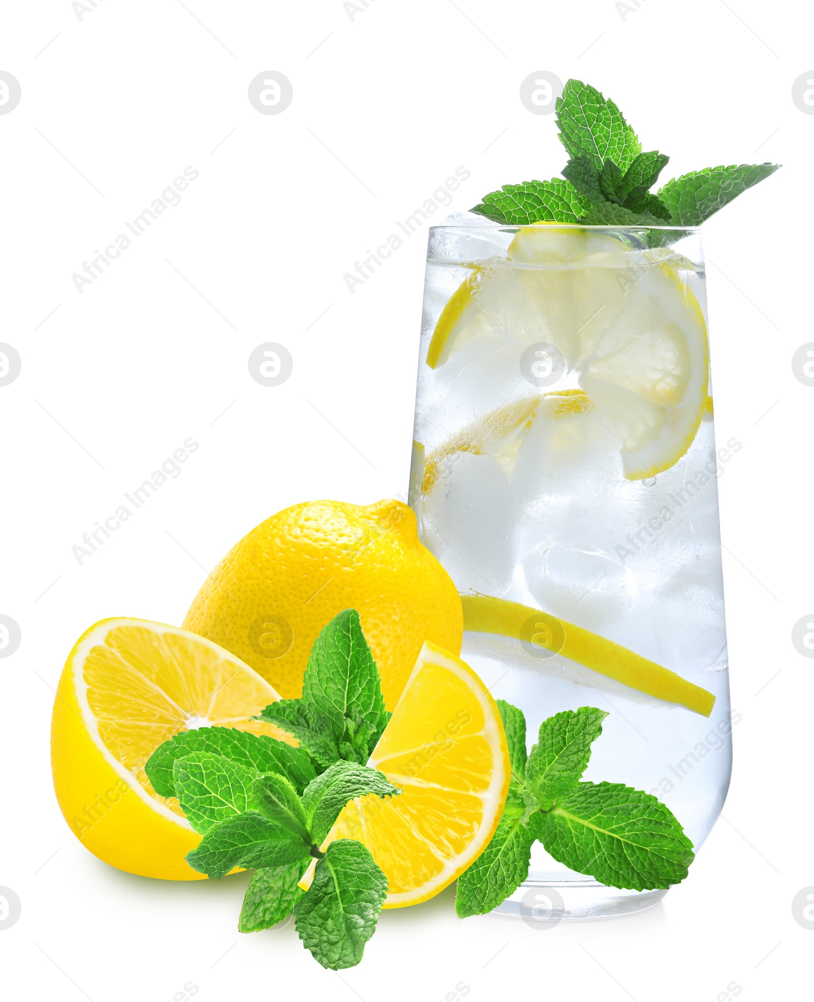 Image of Glass with tasty lemonade, fresh ripe fruits and mint on white background
