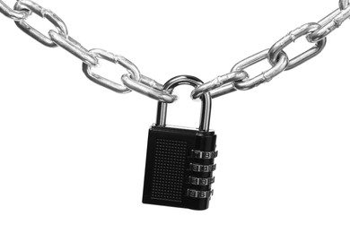 Steel combination padlock and chain isolated on white