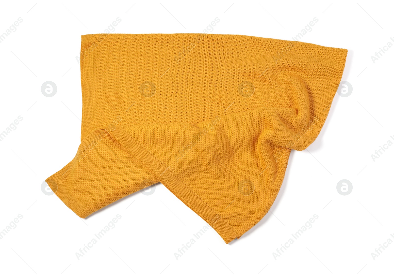 Photo of Beautiful yellow knitted blanket isolated on white, top view