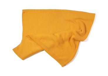 Beautiful yellow knitted blanket isolated on white, top view