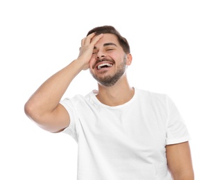 Photo of Portrait of young man on laughing white background