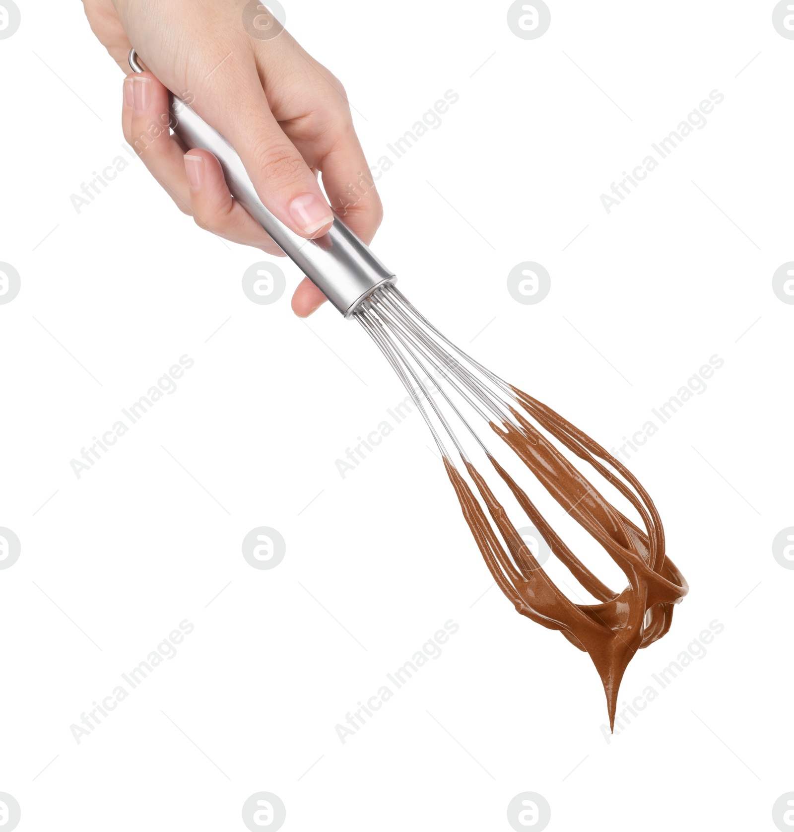 Photo of Woman holding whisk with chocolate cream isolated on white, closeup