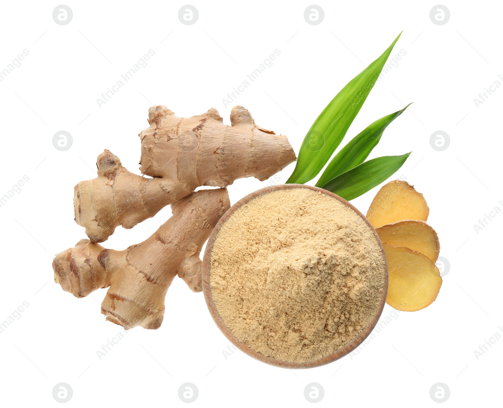 Photo of Dry ginger powder, fresh root and leaves isolated on white, top view