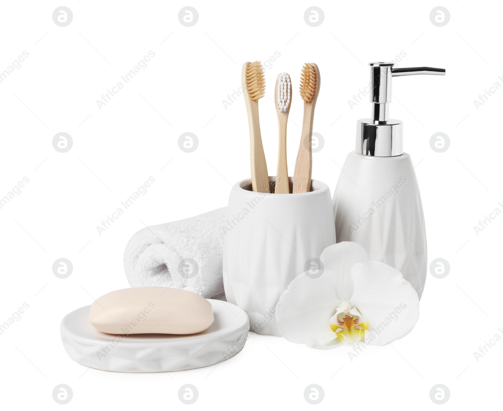 Photo of Bath accessories. Set of different personal care products and flower isolated on white