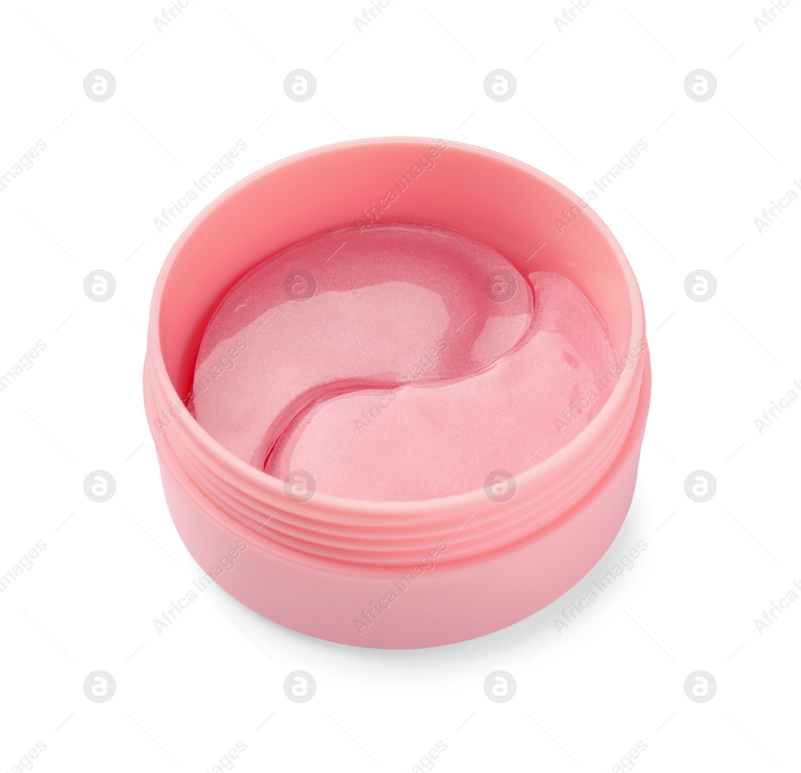 Photo of Jar of under eye patches isolated on white. Cosmetic product