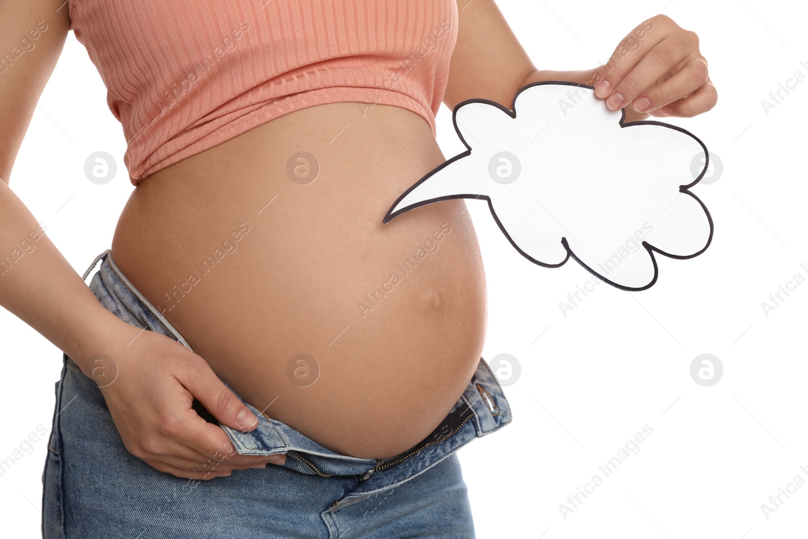 Photo of Pregnant woman with empty paper thought cloud on white background, closeup. Choosing baby name