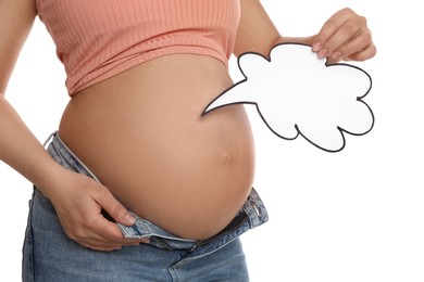 Pregnant woman with empty paper thought cloud on white background, closeup. Choosing baby name