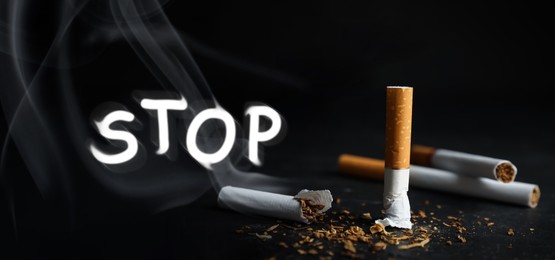 Image of Quit smoking. Word Stop of smoke, whole and broken cigarettes on black background, banner design