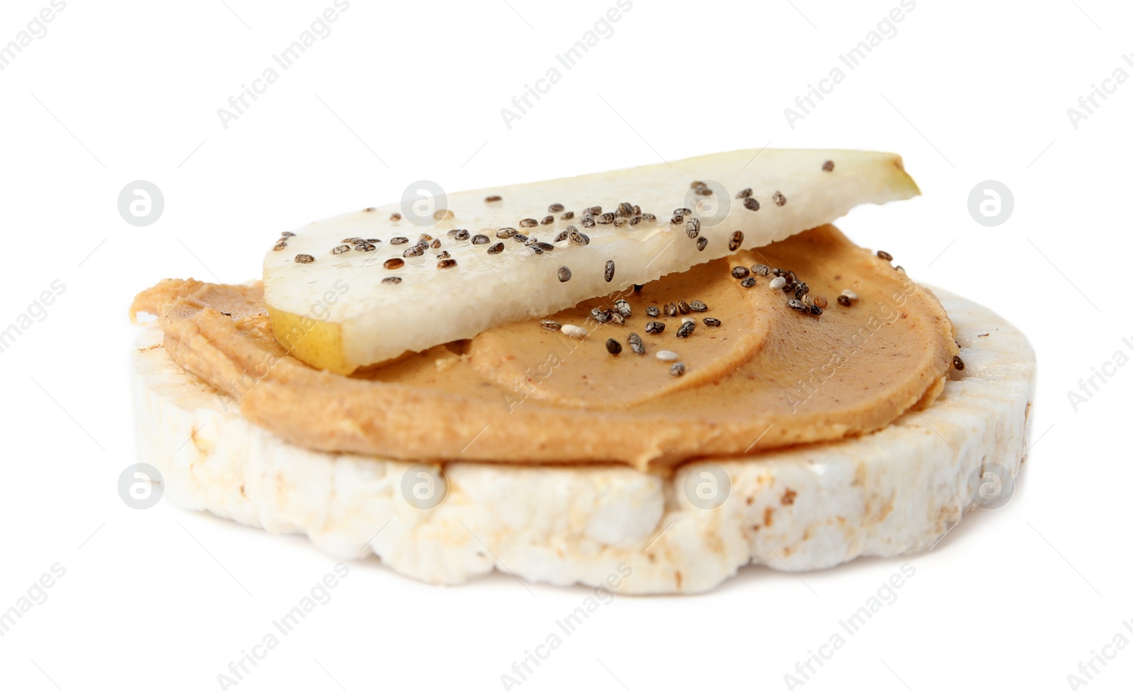 Photo of Puffed rice cake with peanut butter and pear isolated on white