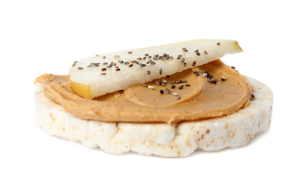 Photo of Puffed rice cake with peanut butter and pear isolated on white