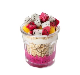 Glass of granola with pitahaya, yogurt and mango isolated on white