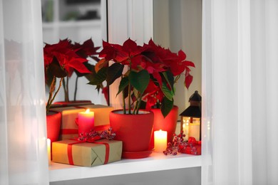 Photo of Potted poinsettias, burning candles and festive decor on windowsill in room. Christmas traditional flower