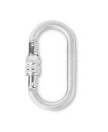 Photo of One carabiner on white background, top view