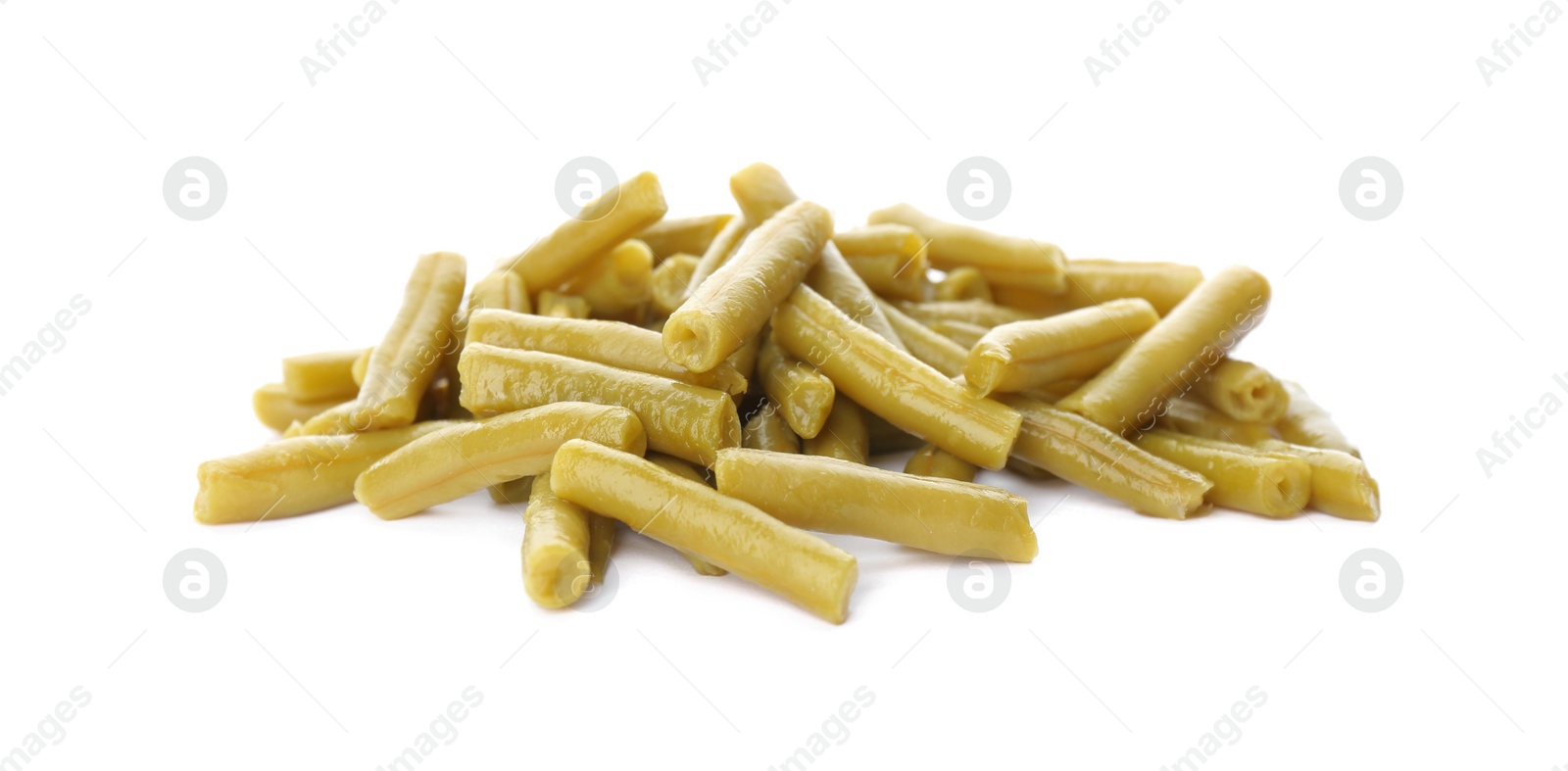 Photo of Pile of canned green beans on white background