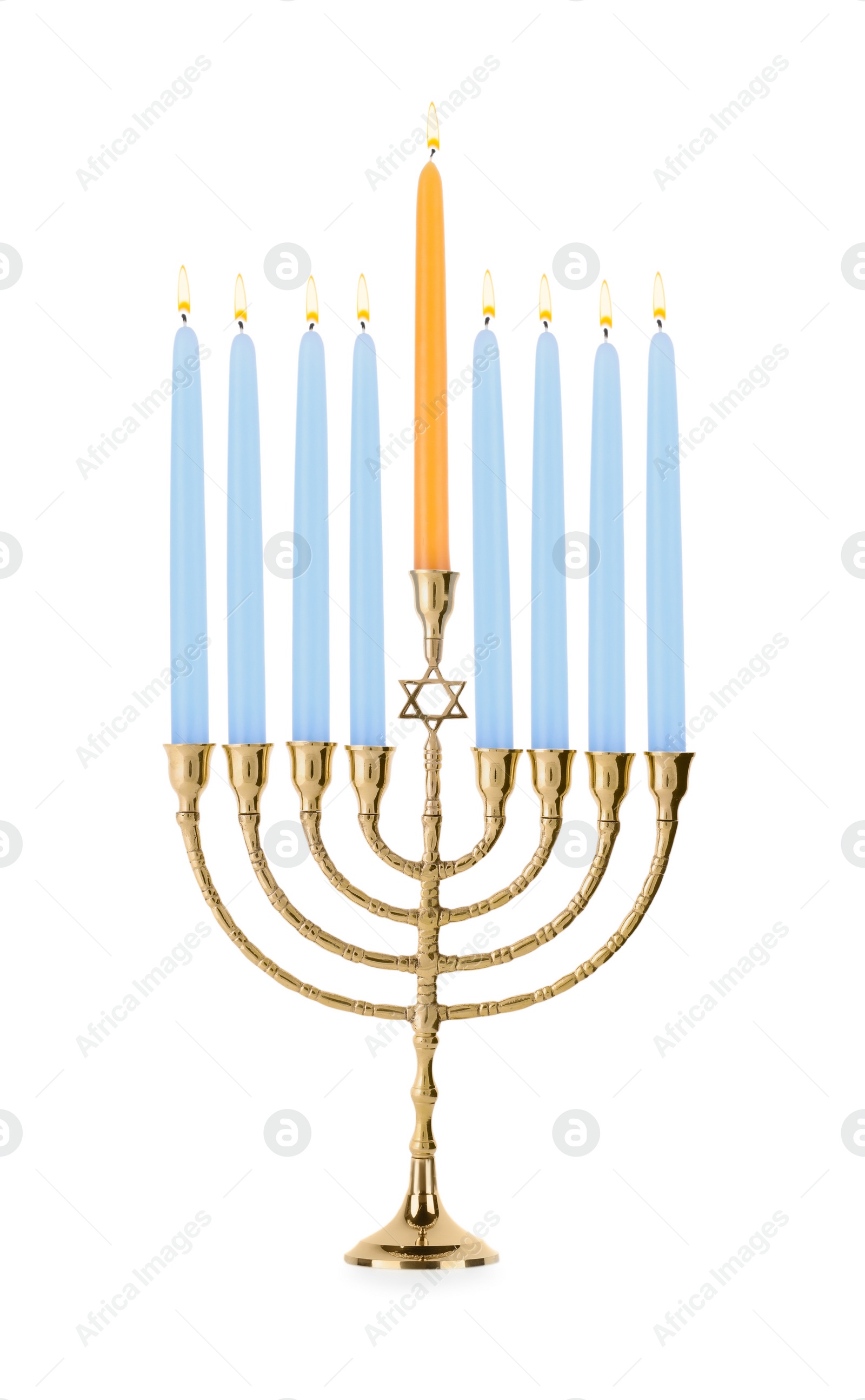 Photo of Menorah with burning candles isolated on white. Hanukkah symbol