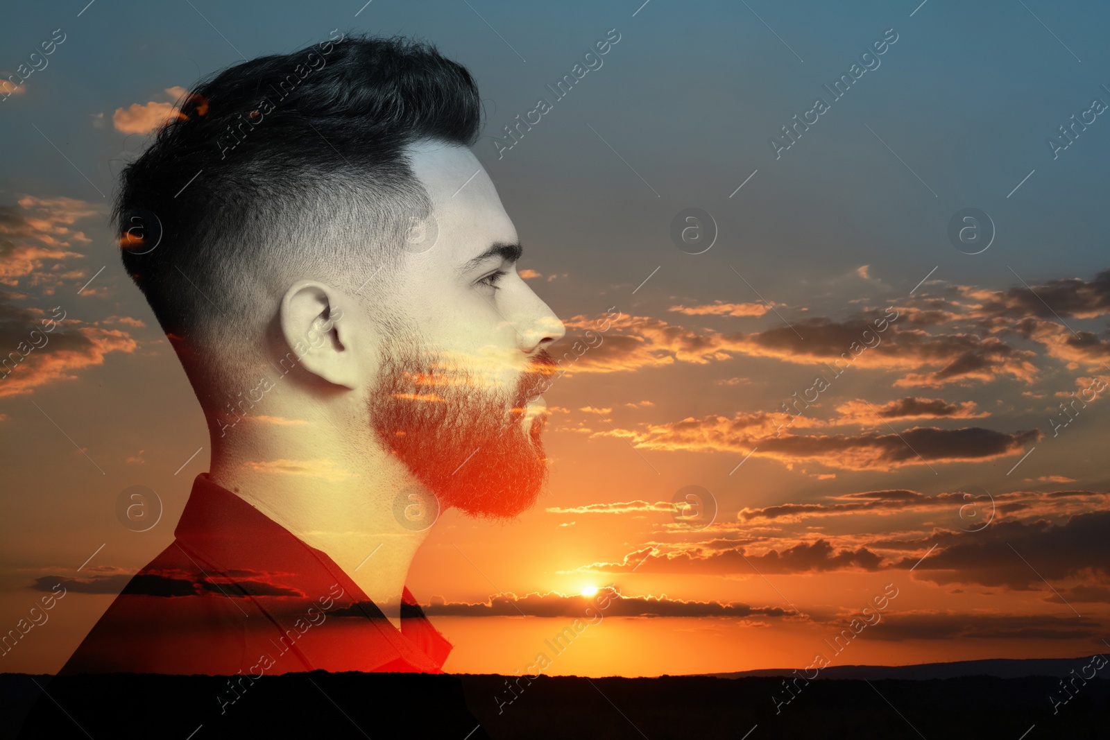 Image of Double exposure of handsome man and sea at sunset